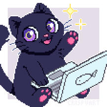 A black cat with purple eyes waving hello with laptop in its lap